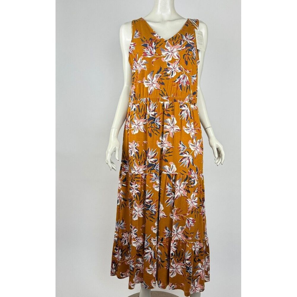 Garnet Hill Floral Maxi Dress Women L NWT V-neck Sleeveless Lined Pockets Brown